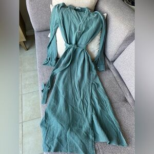 Bird & Knoll $428 Cotton Frieda Shirt Dress Sz Small in Teal EUC condition